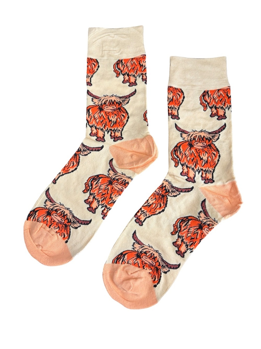 Highland Cow Novelty Crew Socks Cream Peach